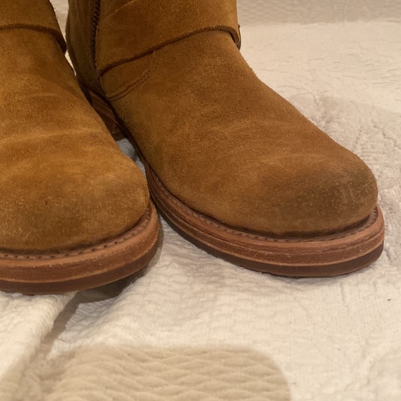 FRYE | Veronica Buckle Strap Suede Short Ankle Biker Moto Boots in ‘Brandy’ - Picture 4 of 17